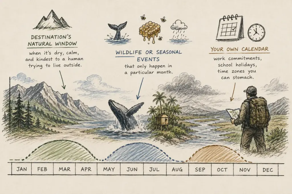 Survival expedition planning calendar with natural window, wildlife events, and personal schedule