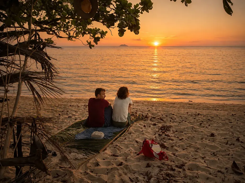 Couple watches a vibrant sunset on a tropical beach, honeymoon destination