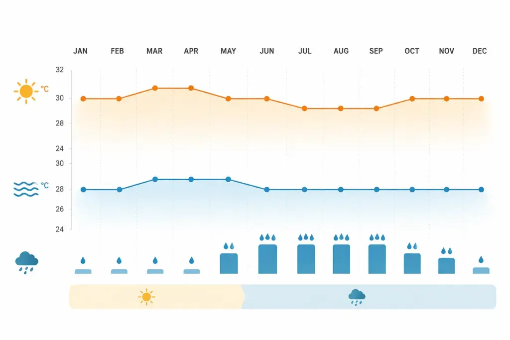 Maldives climate chart showing average temperature and rainfall by month.
