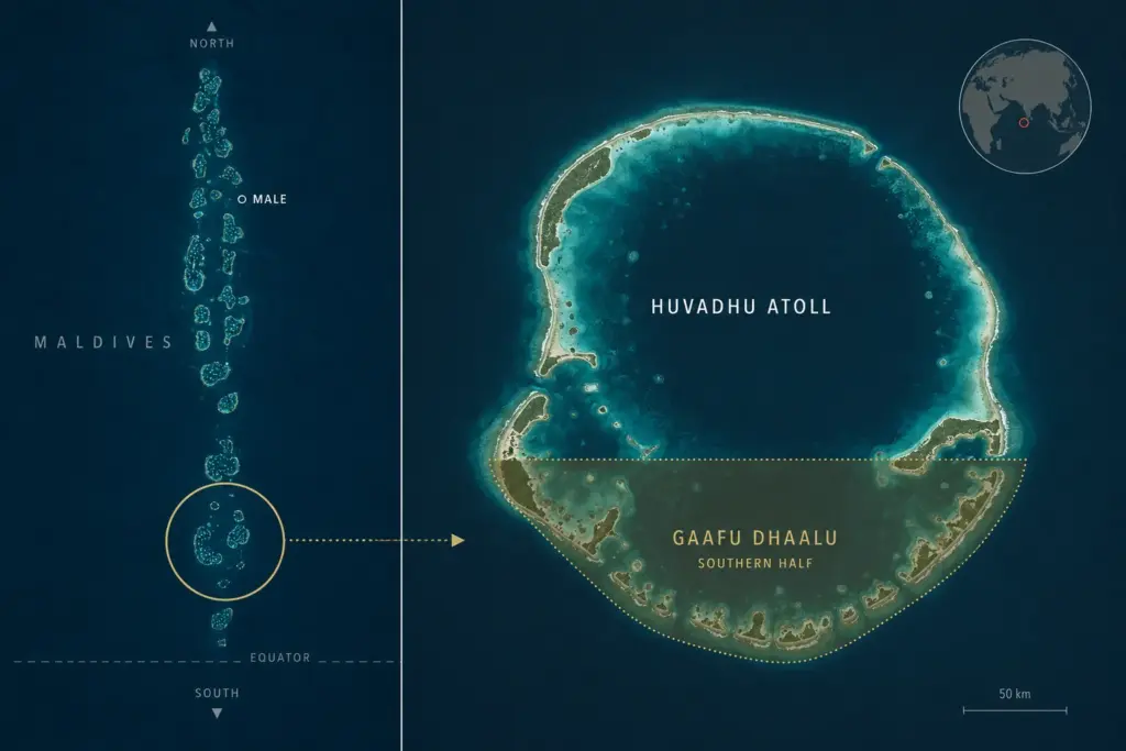 Maldives map showing Huvadhu Atoll and Gaafu Dhaalu Southern Half.