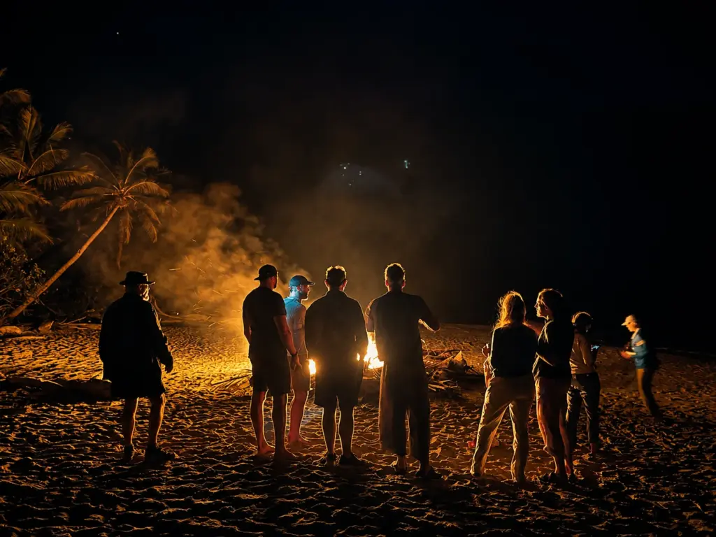 People gather around a bonfire on a beach at night, with palm trees in the background.