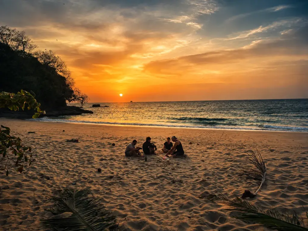 Four friends relax on a beach at sunset, watching the ocean waves.