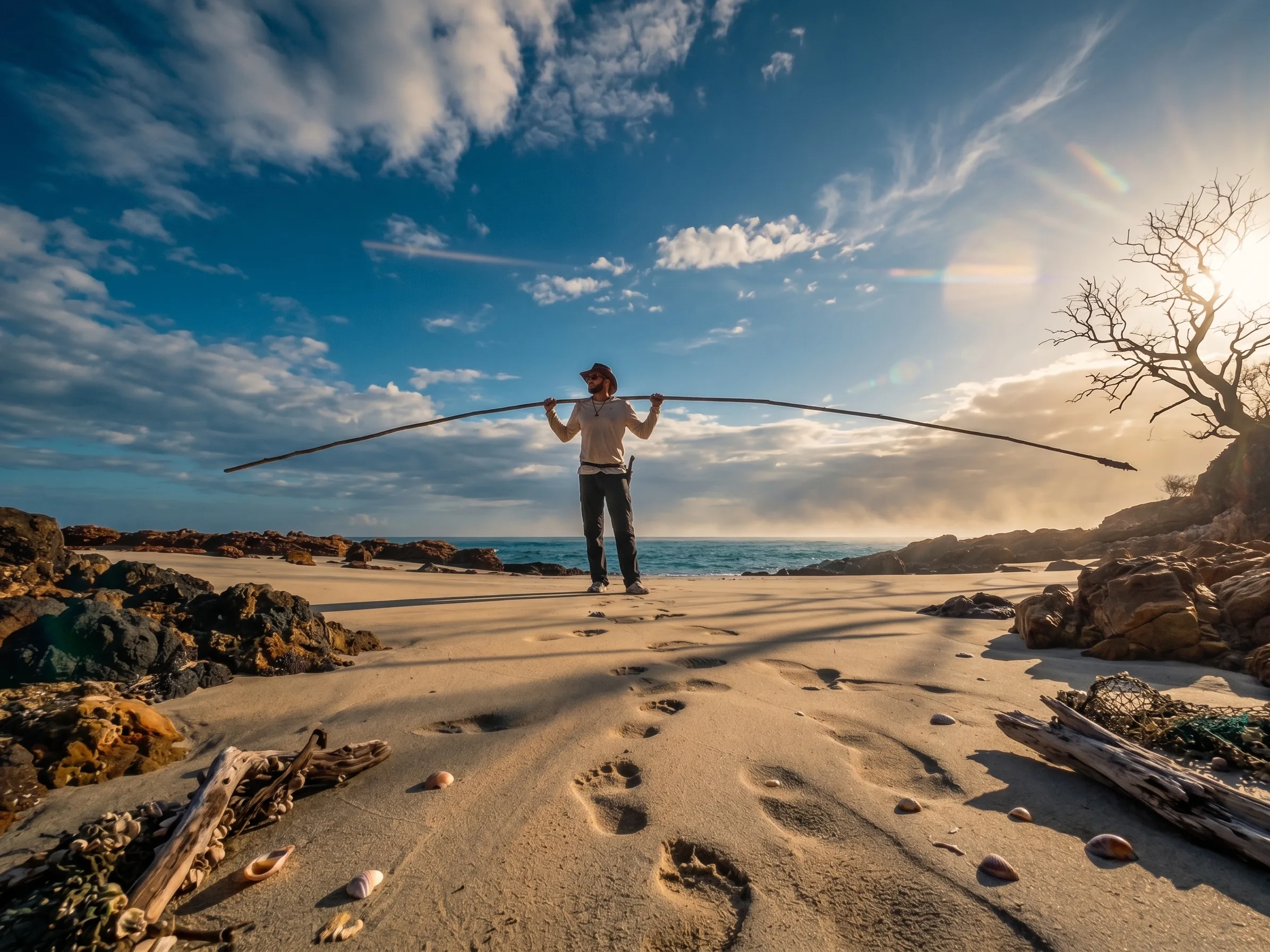 Man balancing a long stick on a sandy beach at sunset