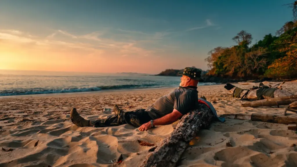 Man relaxing on a beach at sunset, contemplating the difficulty of switching off.
