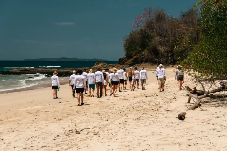 An expedition group in Desert Island Survival shirts walks along a wild island beach in Panama